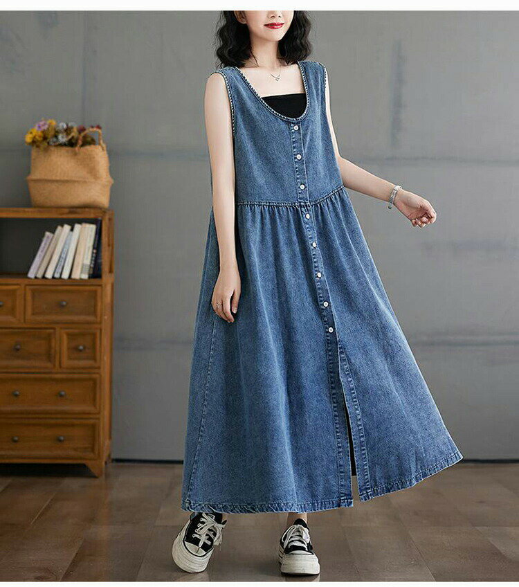 デニムジャンパースカート デニムワンピース レディース 春秋 ロングワンピース デニムベストワンピース 大きいサイズ ミモレ丈 ゆったり デニムワンピース 前開き 体型カバー 大人女子 カジュアル 森ガール 大人可愛い 送料無料