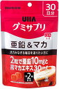 ◆商品名：UHAグミサプリ 亜鉛&マカ コーラ味 スタンドパウチ 60粒 30日分 味:コーラ 内容量:60粒 30日分 活力みなぎる毎日を送りたい方に 原材料名:砂糖、水飴、コラーゲン、濃縮りんご果汁、黒マカエキス末/甘味料(ソルビトール)、酸味料、グルコン酸亜鉛、ゲル化剤(ペクチン)、香料、着色料(カラメル)、光沢剤、(一部にりんご・ゼラチンを含む) 栄養成分表示2粒(標準5g)当たり:エネルギー:16kcal、たんぱく質:0.3g、脂質:0〜1g、炭水化物:3.9g、ナトリウム:0〜2mg、亜鉛:10mg(143%)、黒マカエキス末:30mg、コラーゲン:300mg 商品紹介サプリメントをおいしく、お水無しで手軽に摂りたいかたにおすすめです。1日2粒で必要な栄養素を摂取できます。 亜鉛は細胞の新陳代謝をサポートする栄養素です。また、亜鉛は味覚を正常に保つのに必要です。2粒に黒マカエキス30mgを配合しており、エネルギッシュな毎日を送りたい方にオススメです。 使用上の注意1日2粒を目安によく噛んでお召し上がりください。開封後は、チャックをしっかり閉めてお早めにお召し上がりください。 本品は、多量摂取により疾病が治癒したり、より健康が増進するものではありません。 亜鉛の摂りすぎは、銅の吸収を阻害するおそれがありますので、過剰摂取にならないよう注意してください。 1日の摂取目安量を守ってください。乳幼児・小児は本品の摂取を避けてください。 万一体質に合わない場合は、摂取を中止してください。 薬を服用中あるいは通院中や妊娠・授乳中の方は、医師とご相談の上お召し上がりください。 お子様の手の届かないところに保管してください。 本品は、特定保健用食品と異なり、消費者庁長官による個別審査を受けたものではありません。 食生活は、主食、主菜、副菜を基本に、食事のバランスを。 原材料・成分【原材料名】 砂糖、水飴、コラーゲン、濃縮りんご果汁、黒マカエキス末、甘味料(ソルビトール)、酸味料、グルコン酸亜鉛、ゲル化剤(ペクチン)、香料、着色料(カラメル)、光沢剤(原材料の一部にゼラチンを含む) 【栄養成分表示2粒(標準5g)当たり】 エネルギー:16kcal、たんぱく質:0.3g、脂質:0〜1g、炭水化物:3.9g、ナトリウム:0〜2mg、亜鉛:10mg(143%) 黒マカエキス末:30mg、コラーゲン:300mg続きを見る