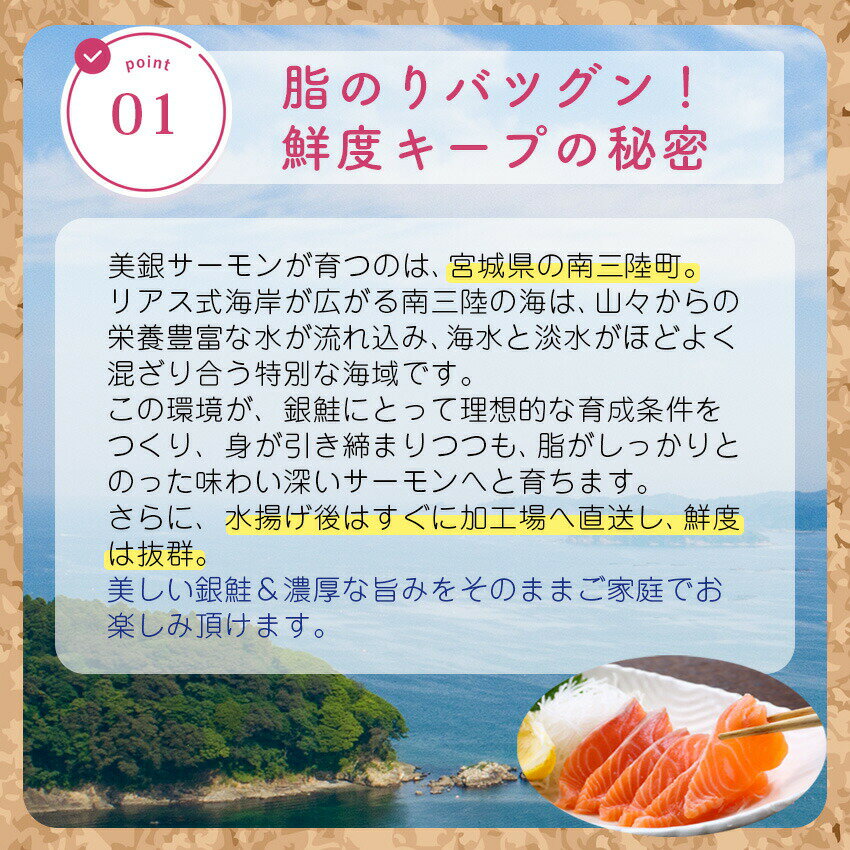 ＼11日(水)10時迄！1500円OFF／宮城県産 美銀サーモン 刺身用 750g 1箱 （柵3〜4本） 【在庫有り】【冷凍】【最短翌日着】真空パック 化粧箱入り 冷凍 生食可 銀鮭 安心 安全 ギフト お取り寄せグルメ 海鮮 プレゼント