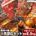 合計2.5kg 人気部位4種焼肉セット2.5kg カルビ 牛バラ 肩ロース ハラミ 赤身 ホルモンミックス 牛レバー 大腸 小腸 心臓 レバー 食べ比べ タレ ...