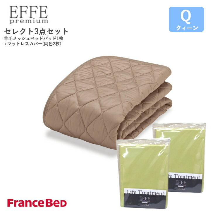 フランスベッド セレクト3点セット 羊毛メッシュベッドパット1枚 マットレスカバー エッフェプレミアム2枚 クィーンサイズ Q France Bed