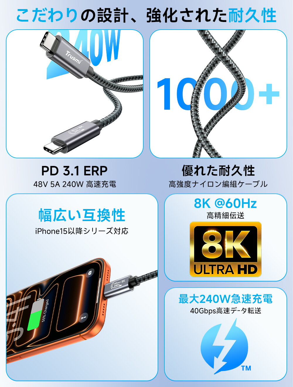 Trusmi 充電ケーブル iphone充電 ケーブル type-c to type-c ケーブル 240W Type-C 充電ケーブル iphone 充電コード 急速充電 ケーブル 40Gbps 8K60Hz PD3.1 usbケーブル 高速データ転送 ナイロン素材 スマホ 全機種対応
