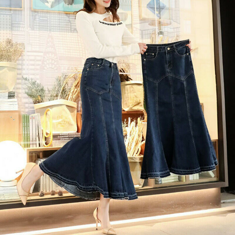デニムスカート レディース ボトムス ロングスカート ロンスカ ロング マーメイドスカート 膝下 ひざ下 デニムスカート 綿混 コットン混 大きいサイズ ゆったり ウエストボタン
