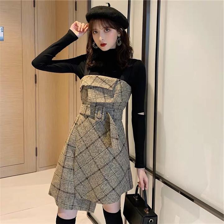 【セットアップ】ハイネックトップス＋フレンチレトロワンピース レトロ ツーピース ウエストベルト a419