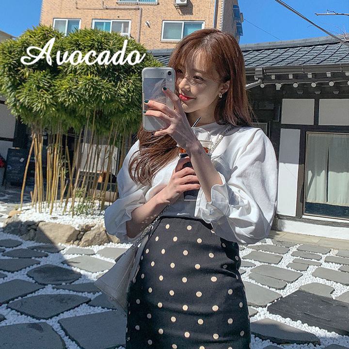 【セットアップ】トップス＋マーメイドスカート ツーピース ハイウエスト パフスリーブ ドット柄 a321