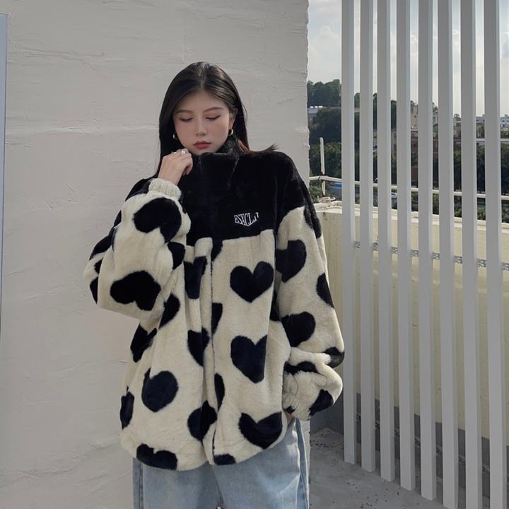 ハート柄 フリースジャケット フェイクファージャンパー ジャケット コート フリース レディース フロントジップ a3841