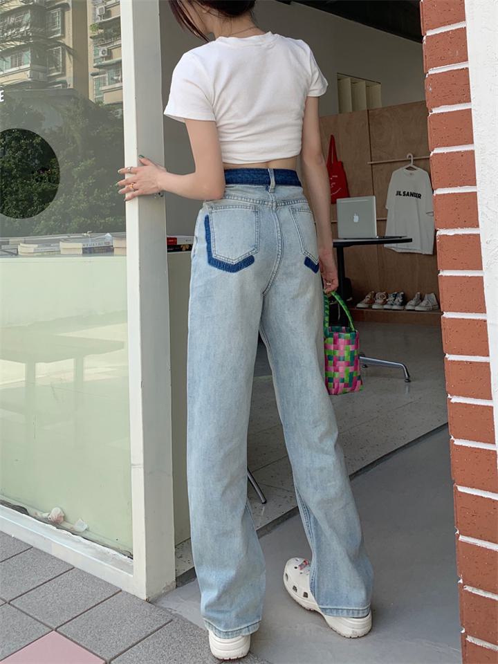 コントラストカラーストレートジーンズ ジーンズ デニム ストレートジーンズ レディース ハイウエスト ボトムス 美脚 ストレートパンツ a4349