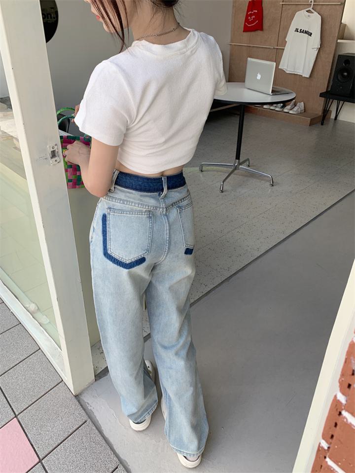 コントラストカラーストレートジーンズ ジーンズ デニム ストレートジーンズ レディース ハイウエスト ボトムス 美脚 ストレートパンツ a4349