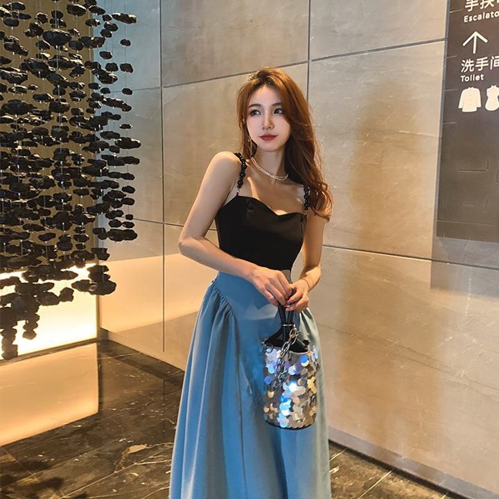 バイカラー キャミソールワンピース ビーズ ワンピース ドレス パーティー キャミ 春夏コーデ 配色 ノースリーブ お呼ばれコーデ イベント C100