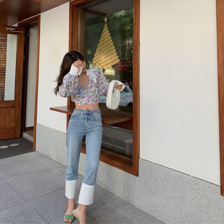 バイカラー ストレート ジーンズ デニム ハイウエスト オールマッチ 9分丈 ストレートレッグ 切りっぱなし 韓国 オルチャン オシャレ. a2874