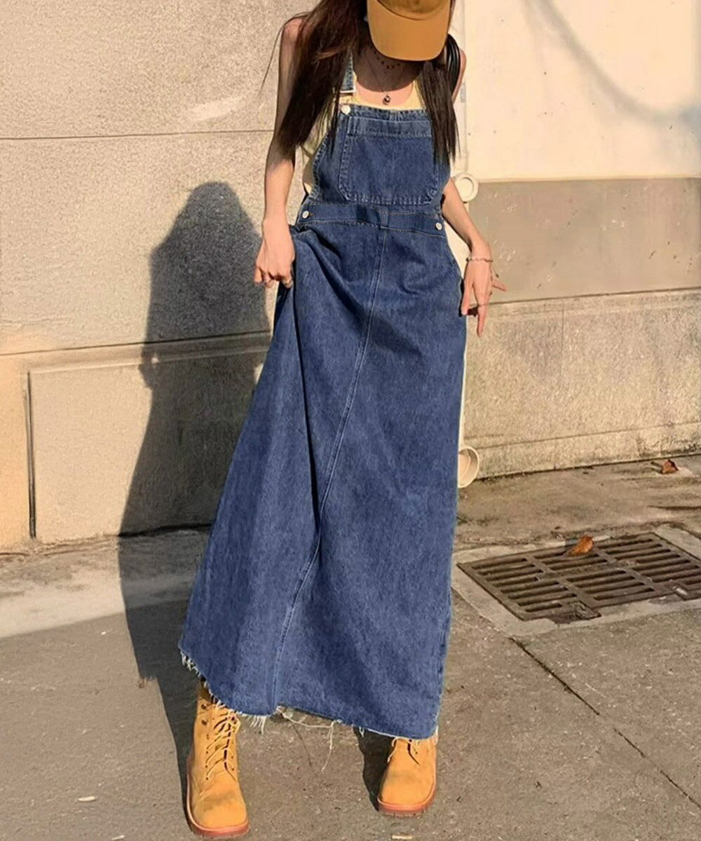 サロペットスカート韓国風デニムジャンスカ マキシ丈ジャンパースカート デニムサスペンダーワンピース..