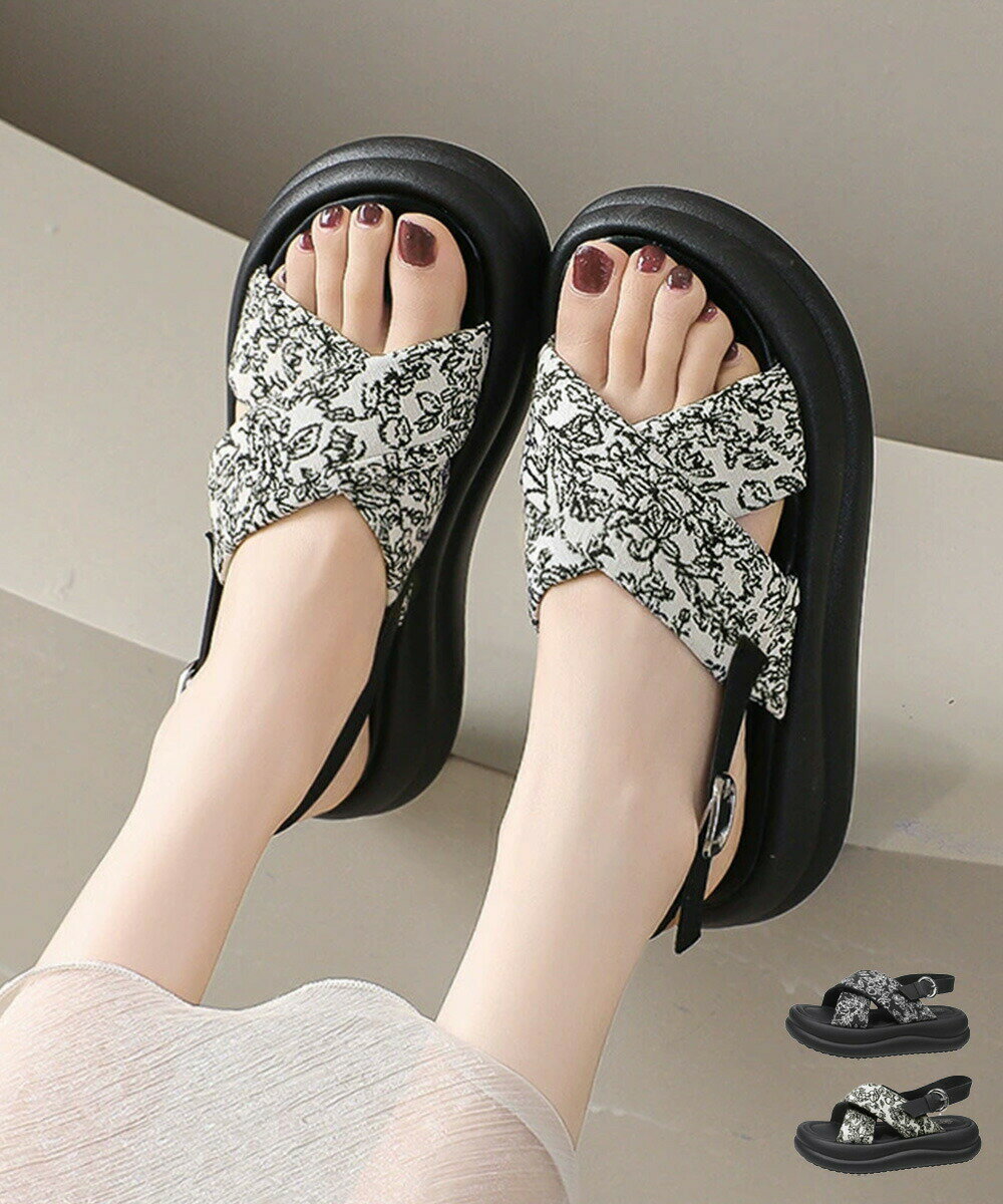 厚底サンダル クロスベルトサンダル 美脚 フラワープリント クロスサンダル レディース 歩きやすいコン..