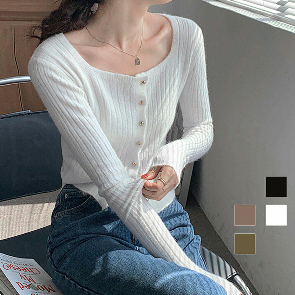 太めリブニットカーディガンレディース秋冬 リブ編み ニットセーター スクエアネック 韓国風 お洒落ニット クロップド 長袖 大人可愛い 秋服 セクシー ストレッチ 86KANING-017(4)