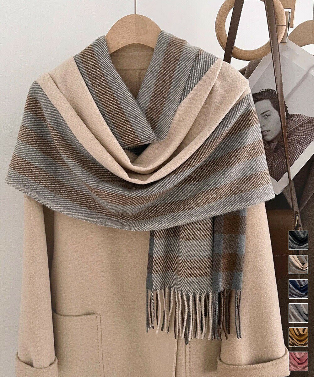 チェック柄マフラーレディース大判ストール 暖かいカシミヤ風マフラー リバーシブルフリンジマフラー大..