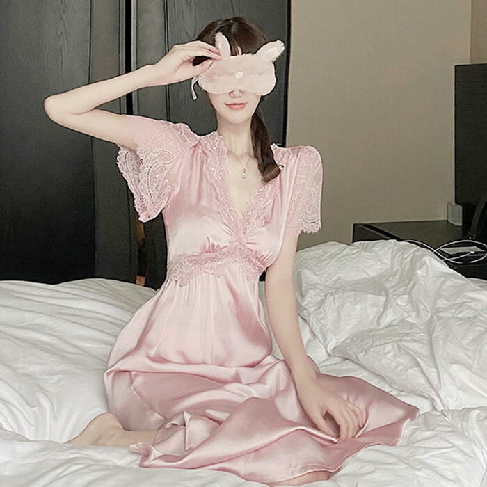 ネグリジェ パジャマ レディース 春夏 半袖ワンピース レースvネック 大人可愛いルームウェア センター..