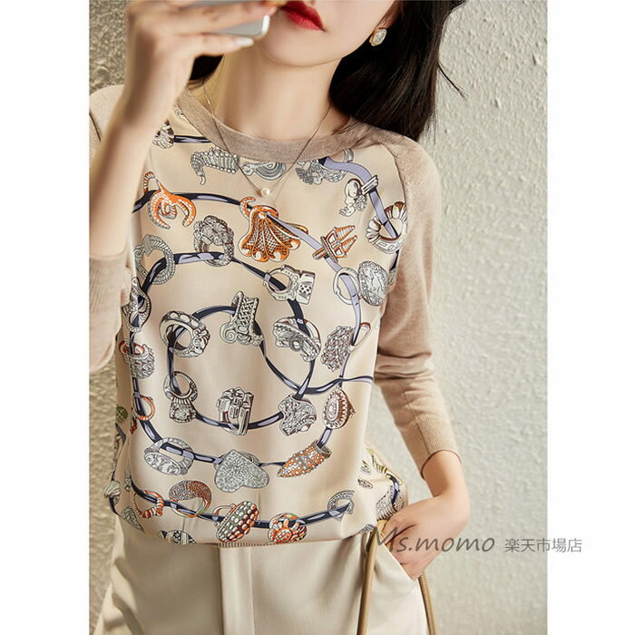 ニットトップス レディース 秋冬新作 40代 長袖 ニットトップス プリント切り替えセーター ショット丈ニットソー ゆったりプルオーバー おしゃれ 50.代 30代(4)