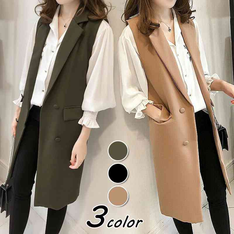 ベストジャケット レディース 40代 スーツジャケット ノースリープスプリングコートカーキ チョッキ アウター 秋服 韓国風 30代 50代 オシャレ通勤