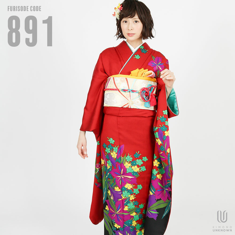 振袖 レンタル【レンタル】【成人式】振袖レンタル [安心の長期間レンタル 前撮り ]【対応身長150cm～165cm】レンタル振袖フルセット-891 花柄 クール系 赤系 モダン