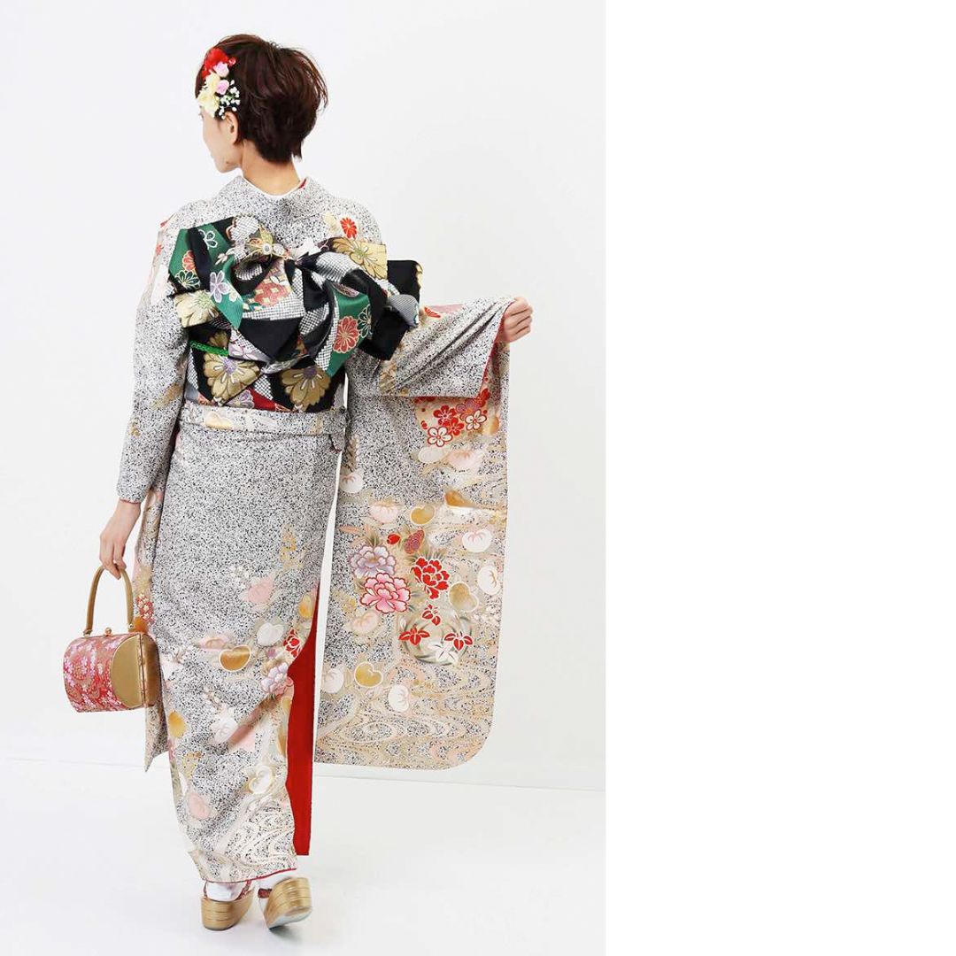 振袖 レンタル【レンタル】【成人式】振袖レンタル [安心の長期間レンタル 前撮り ]【対応身長145cm～160cm】【正絹】レンタル振袖フルセット-194 花柄 レトロ クール系 定番 古典 グレー系 オレンジ系 牡丹 流水 金彩 豪華