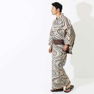 浴衣 メンズ浴衣4点セット 【浴衣+帯+下駄+腰紐】日本製高級生地 流水B・ 男性用お仕立て上がり浴衣4点セット メンズ 男浴衣 ゆかた レトロ おしゃれ 粋 ベージュ アイボリー カーキ