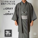 往復送料弊社負担 【レンタル】メンズ着物アンサンブル【対応身長180cm〜190cm】【 3Lサイズ】フルセットー着物グレー×羽織グレー 着流し 羽織 パパ着物...