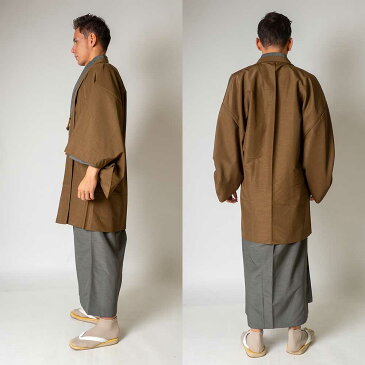 |送料無料|【レンタル】メンズ着物アンサンブル【対応身長180cm〜190cm】【 3Lサイズ】フルセットー着物グレー×羽織ブラウン 往復送料無料 和服 お正月 初詣 和装 男性用 紳士用 おしゃれ 大人 きもの 着物セット レンタル着物 貸衣装