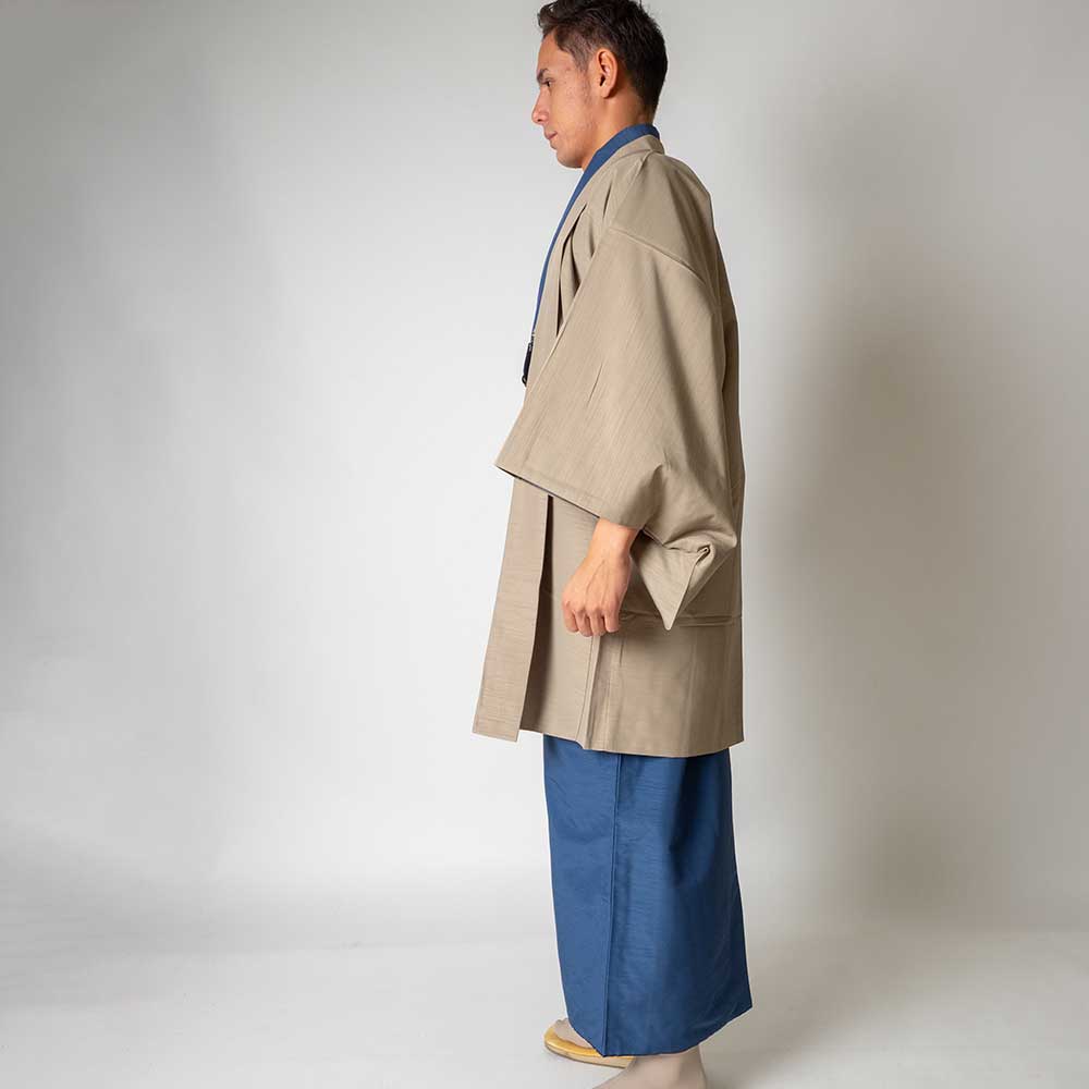 往復送料弊社負担 【レンタル】メンズ着物アンサンブル【対応身長175cm～185cm】【 LLサイズ】フルセットー着物ブルー×羽織ベージュ 着流し 羽織 パパ着物 父親 春 秋 冬 着付け簡単 おしゃれ着 カジュアル 貸衣装 レンタル衣裳 七五三 お正月 初詣 旅行 食事会 レン
