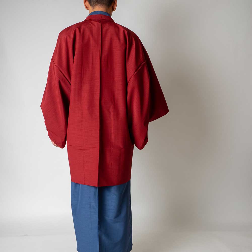 往復送料弊社負担 【レンタル】メンズ着物アンサンブル【対応身長175cm～185cm】【 LLサイズ】フルセットー着物ブルー×羽織レッド 着流し 羽織 パパ着物 父親 春 秋 冬 着付け簡単 おしゃれ着 カジュアル 貸衣装 レンタル衣裳 七五三 お正月 初詣 旅行 食事会 レンタ