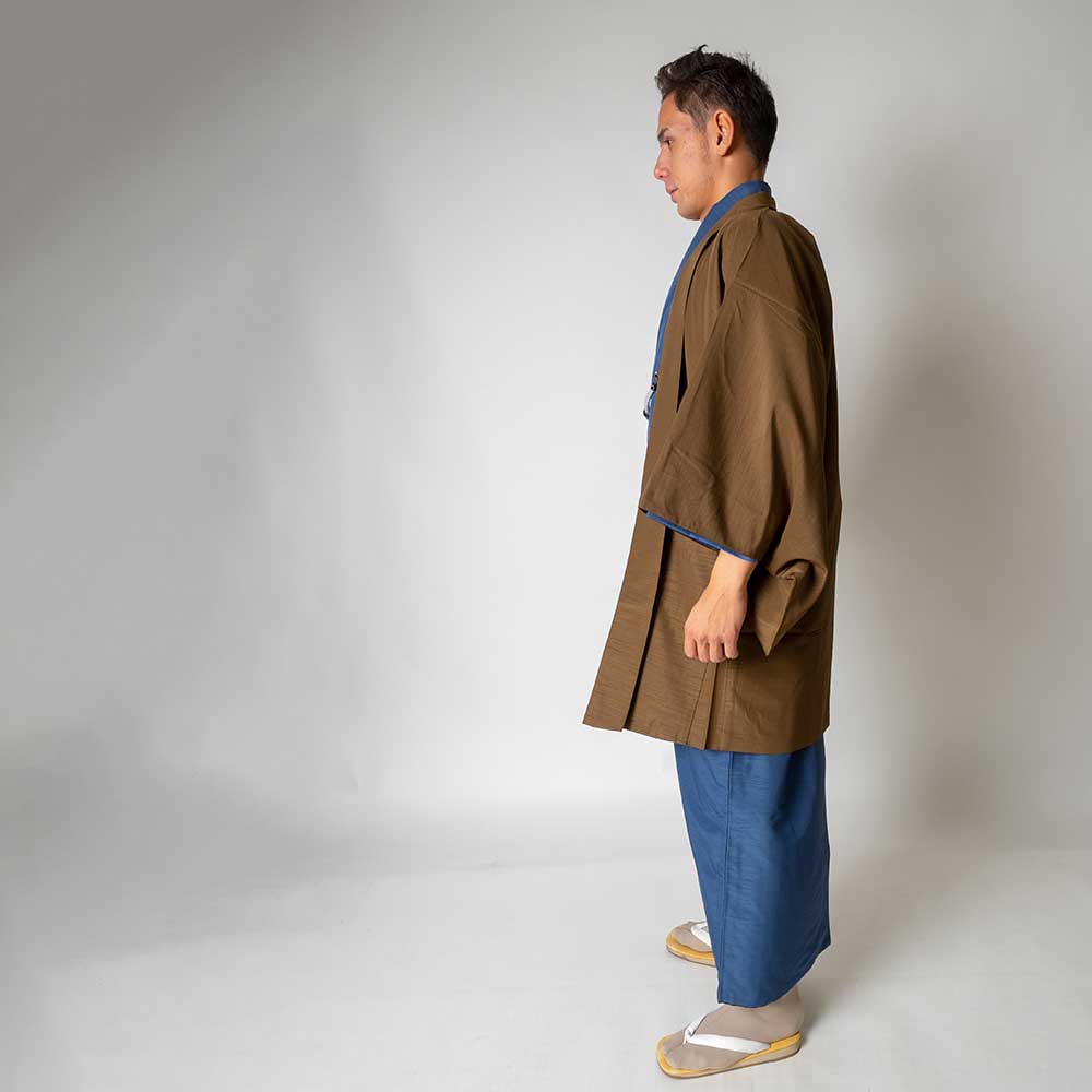 往復送料弊社負担 【レンタル】メンズ着物アンサンブル【対応身長170cm～180cm】【 Lサイズ】フルセットー着物ブルー×羽織ブラウン 着流し 羽織 パパ着物 父親 春 秋 冬 着付け簡単 おしゃれ着 カジュアル 貸衣装 レンタル衣裳 七五三 お正月 初詣 旅行 食事会 レン