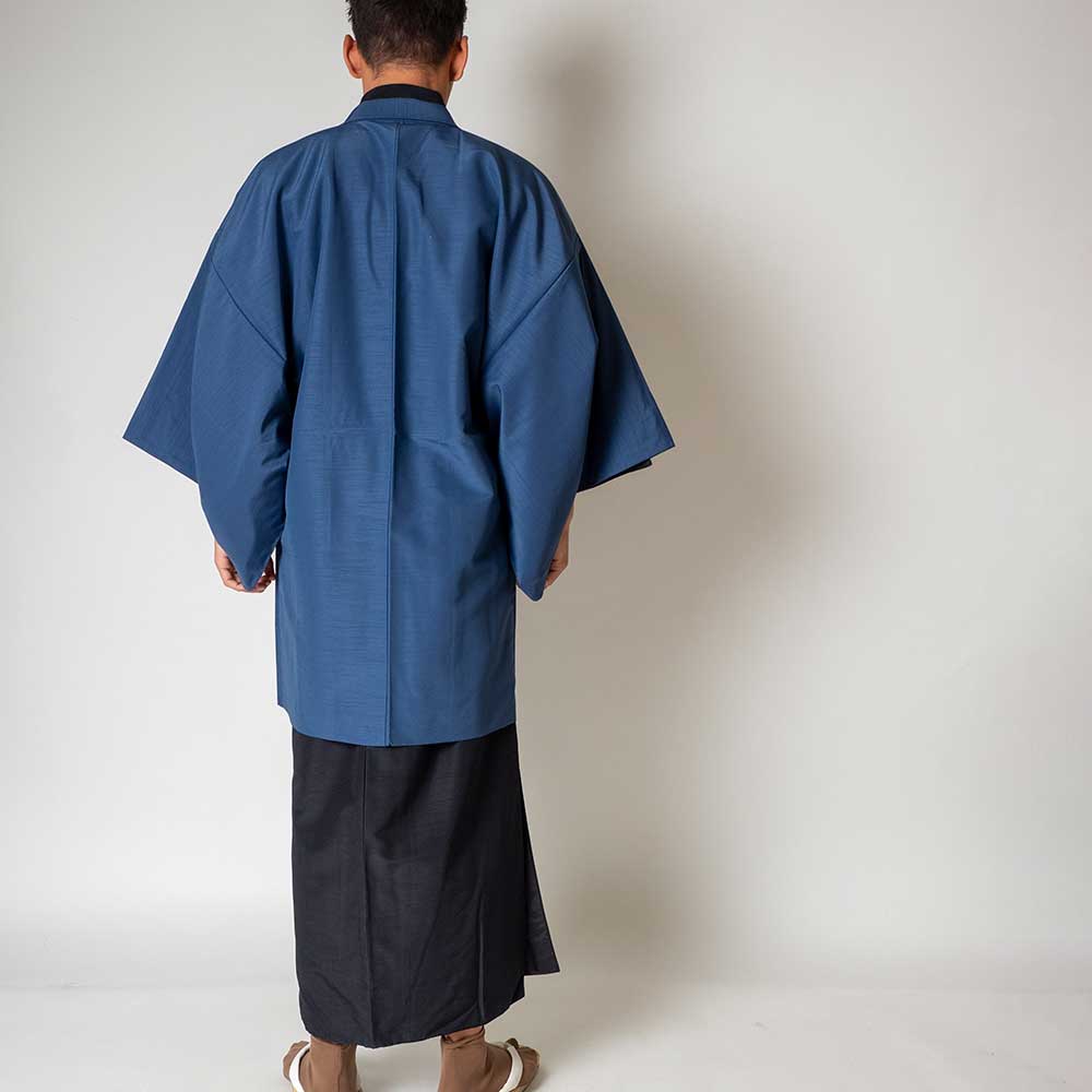 往復送料弊社負担 【レンタル】メンズ着物アンサンブル【対応身長160cm～170cm】【 Sサイズ】フルセットー着物ブラック×羽織ブルー 着流し 羽織 パパ着物 父親 春 秋 冬 着付け簡単 おしゃれ着 カジュアル 貸衣装 レンタル衣裳 七五三 お正月 初詣 旅行 食事会 レン