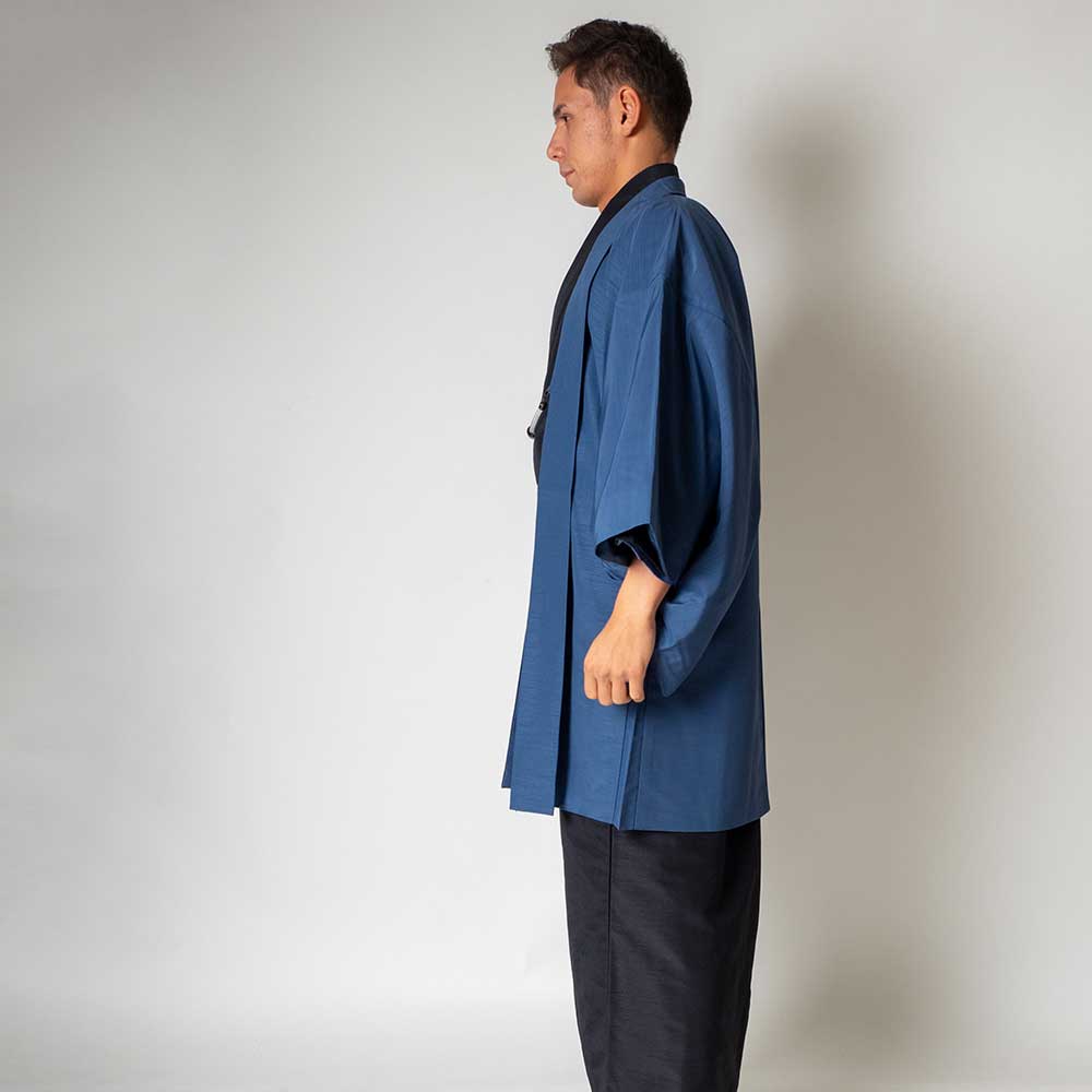 往復送料弊社負担 【レンタル】メンズ着物アンサンブル【対応身長160cm～170cm】【 Sサイズ】フルセットー着物ブラック×羽織ブルー 着流し 羽織 パパ着物 父親 春 秋 冬 着付け簡単 おしゃれ着 カジュアル 貸衣装 レンタル衣裳 七五三 お正月 初詣 旅行 食事会 レン