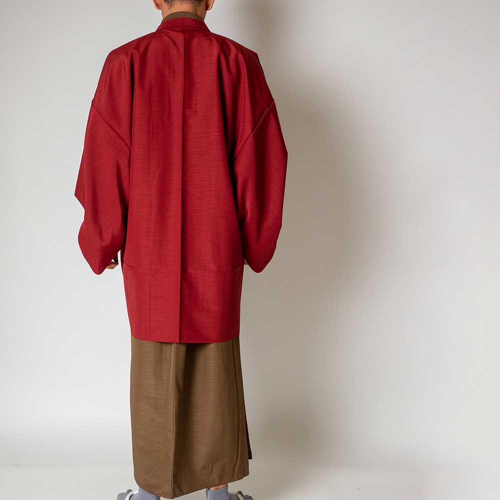 往復送料弊社負担 【レンタル】メンズ着物アンサンブル【対応身長170cm～180cm】【 Lサイズ】フルセットー着物ブラウン×羽織レッド 着流し 羽織 パパ着物 父親 春 秋 冬 着付け簡単 おしゃれ着 カジュアル 貸衣装 レンタル衣裳 七五三 お正月 初詣 旅行 食事会 レン