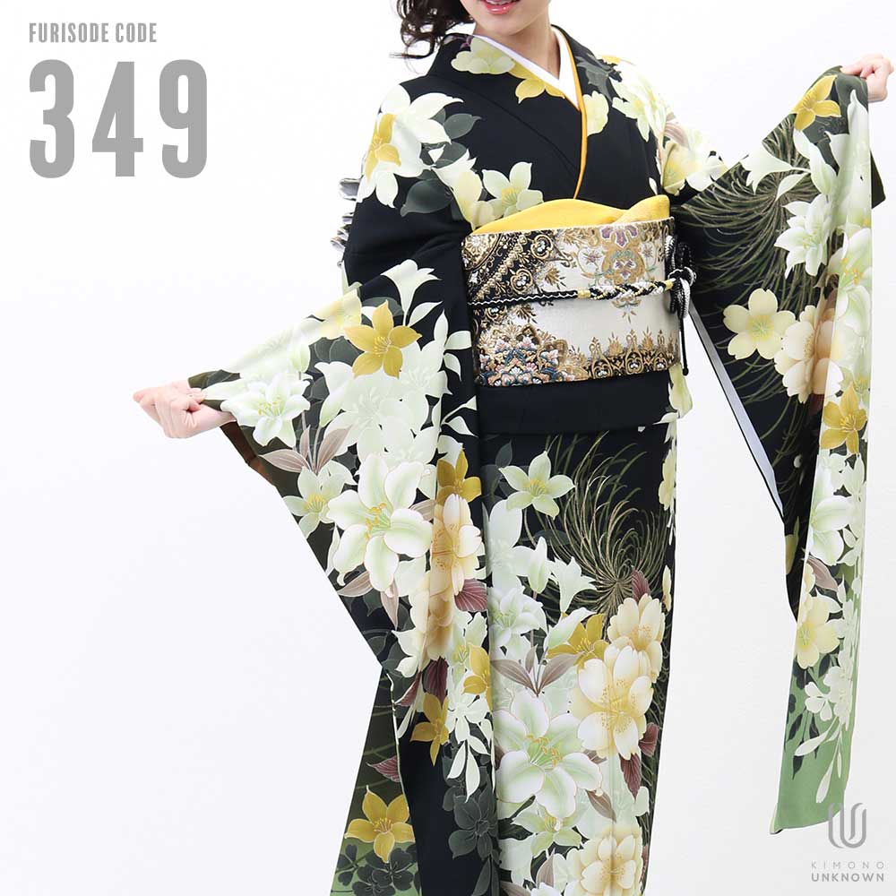 振袖 レンタル【レンタル】【成人式】振袖レンタル｜ [安心の長期間レンタル｜前撮り｜]【対応身長155cm～170cm】【合繊】レンタル振袖フルセット-349 花柄 定番 クール系 ポップキュート 黄色系 黒系 緑系 桜 JAPAN STYLE★和服 和装 おしゃれ
