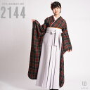 【レンタル】卒業式 袴 レンタル 女 フルセット 女性 袴セット 【対応身長 150cm~157cm】【キュート】卒業式レンタル袴フルセット-2144【振袖タイプ】 夢助 【振袖タイプ】 タータンチェック柄 ウール素材 グレー 無地袴 グレー
