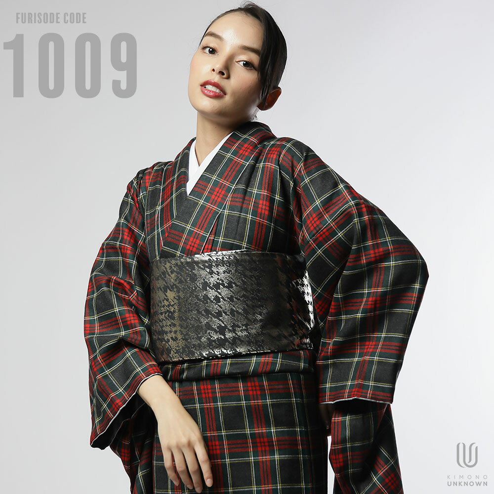 【レンタル】【成人式】振袖レンタル [安心の長期間レンタル 前撮り ]【対応身長160cm～175cm】【ウール】レンタル振袖フルセット-1009 夢助 チェック柄 黒 赤 箔帯