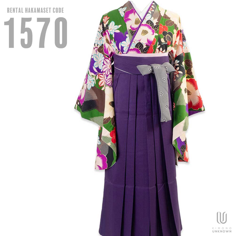 【レンタル】卒業式 袴 レンタル 女 フルセット 女性 袴セット【対応身長150cm～157cm】【レトロ】 卒業式レンタル袴フルセット-1570 花柄 緑 紫