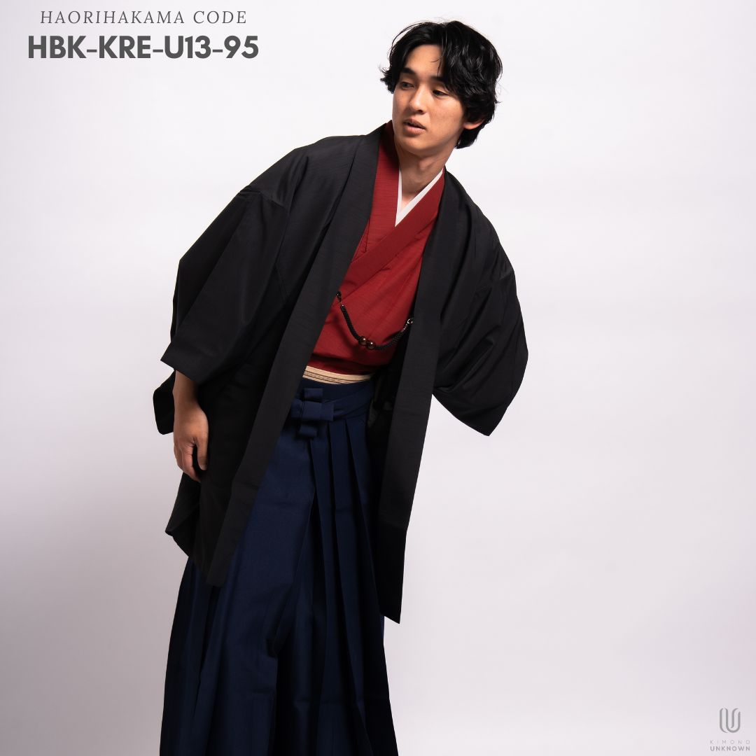 羽織袴 レンタル 成人式 卒業式 メンズ袴フルセット【レンタル】【対応身長170cm-180cm】男性用羽織り袴フルセットremhs-hbk-kre-u13-95｜レッド無地着物｜ブラック無地羽織｜ネイビー馬乗り袴｜