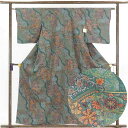 【中古】小紋 リサイクル着物 身丈158cm 裄63cm 前幅24cm 後幅29.5cm 袖丈49cm 正絹(シルク) レディース 袷仕立 秋冬春用 緑地 裄M...