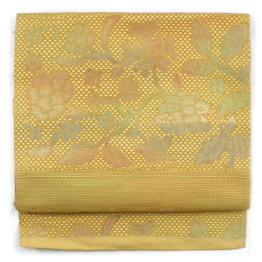 【中古】名古屋帯 リサイクル帯 幅30cm 長さ346cm レディース 花柄 秋冬春用 正絹（シルク）イエロー 美品 リメイク リユース