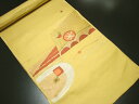 正絹名古屋帯/金茶地に円や四角の模様☆紬や小紋などカジュアル着物に合わせて☆