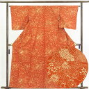 【中古】紬 リサイクル着物 身丈161cm 裄65cm 前幅22.5cm 後幅28cm 袖丈49cm 正絹(シルク) レディース 袷仕立 秋冬春用 オレンジ地 ...