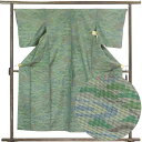 【中古】紬 リサイクル着物 身丈153cm 裄65cm 前幅24cm 後幅29cm 袖丈49cm 正絹(シルク) レディース 袷仕立 秋冬春用 緑地 裄Mサイズ...