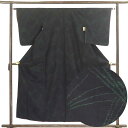 【中古】紬 リサイクル着物 身丈157cm 裄62cm 前幅23cm 後幅28cm 袖丈52cm 正絹(シルク) レディース 袷仕立 秋冬春用 黒地 裄Sサイズ...
