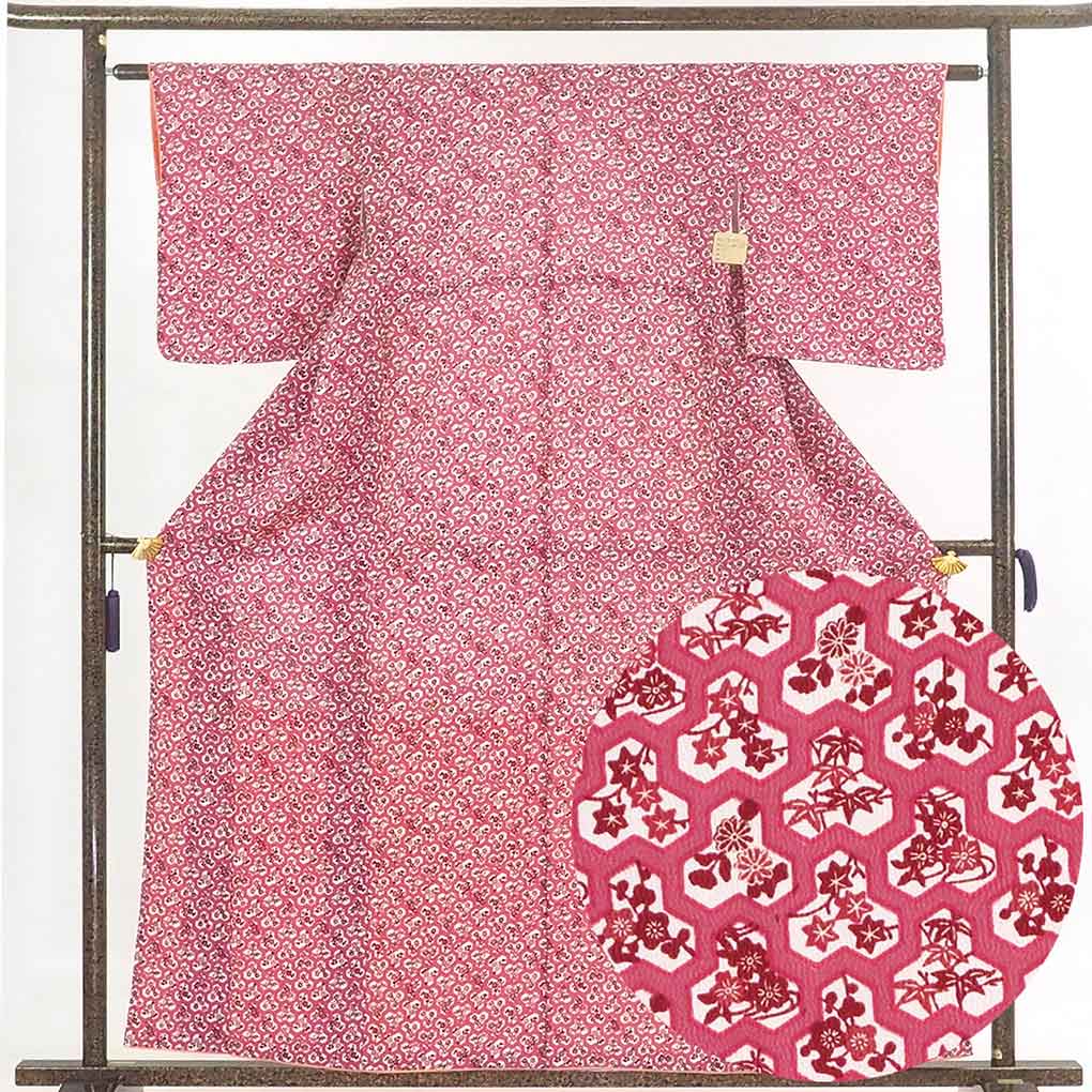 【SS10％OFF】【中古】小紋 リサイクル着物 身丈159cm 裄60cm 前幅22cm 後幅28.5cm 袖丈48cm ポリエステル レディース 袷仕立 秋冬春用 ピンク地 裄SSサイズ 美品 リユース