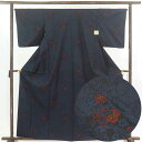 【中古】紬 リサイクル着物 身丈162cm 裄66cm 前幅23cm 後幅30cm 袖丈49cm 正絹(シルク) レディース 袷仕立 秋冬春用 黒地 裄Mサイズ...