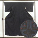 【中古】紬 リサイクル着物 身丈155cm 裄65cm 前幅23cm 後幅28cm 袖丈55cm 正絹(シルク) レディース 袷仕立 秋冬春用 黒地 裄Mサイズ...