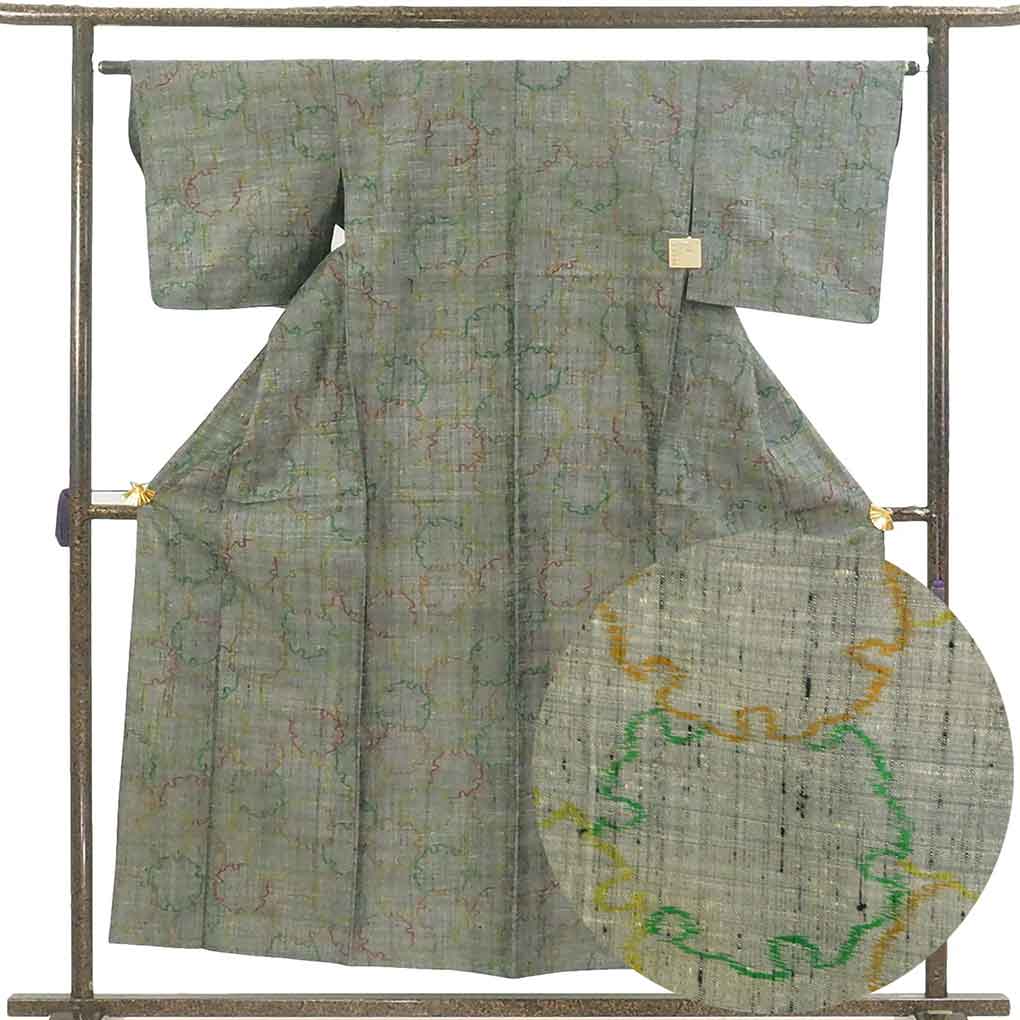 【中古】紬 リサイクル着物 身丈155cm 裄63cm 前幅25cm 後幅30cm 袖丈45cm 袖幅32.5cm レディース 単衣 雪輪 裄Mサイズ 初夏・初秋用 正絹（シルク）グレー 美品 リメイク リユース