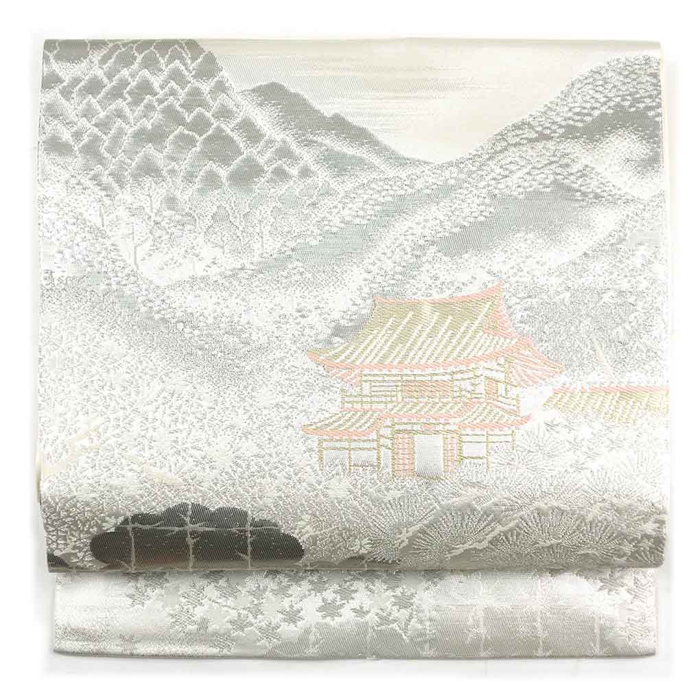 【中古】名古屋帯 リサイクル帯 幅30cm 長さ360cm レディース 風景画 秋冬春用 正絹（シルク）シルバー 美品 リメイク リユース