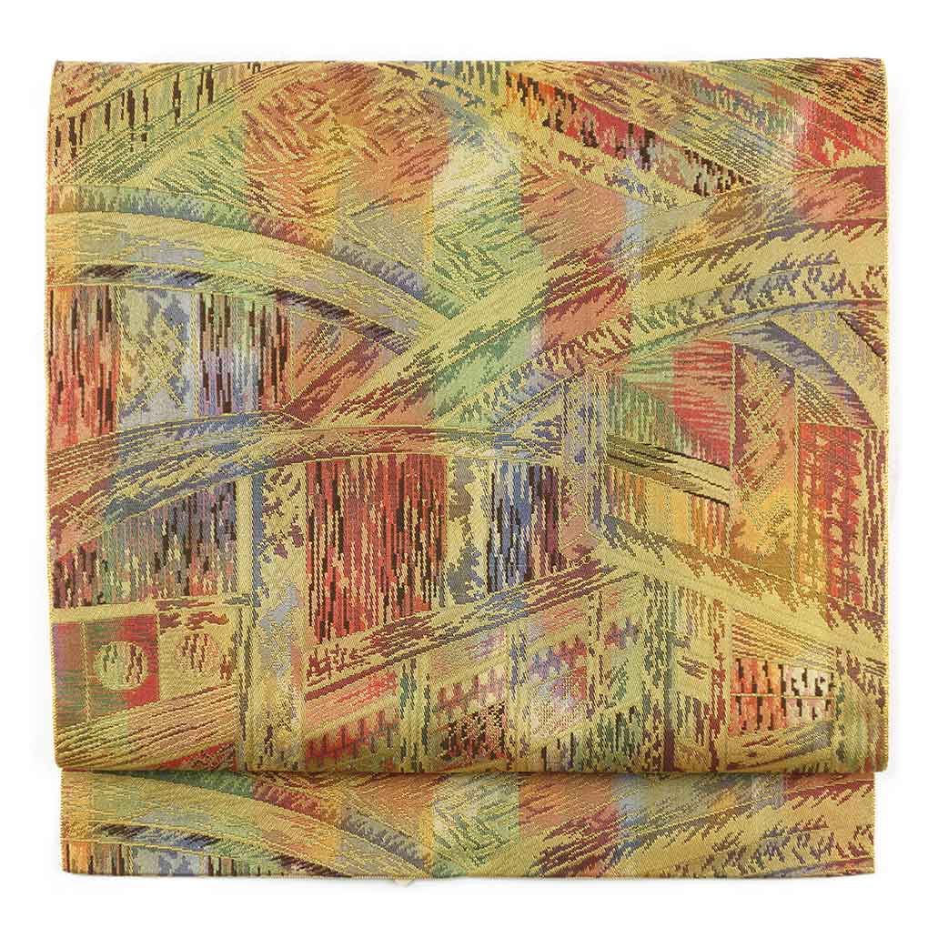 【中古】名古屋帯 リサイクル帯 幅31cm 長さ357cm レディース 抽象柄 秋冬春用 正絹（シルク）イエロー 美品 リメイク リユース