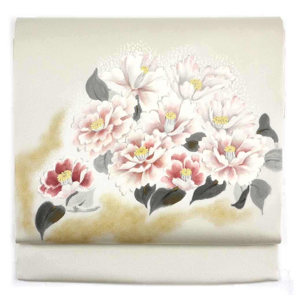 【中古】名古屋帯 リサイクル帯 幅30.5cm 長さ362cm レディース 花柄 秋冬春用 正絹（シルク）ベージュ やや難 リメイク リユース